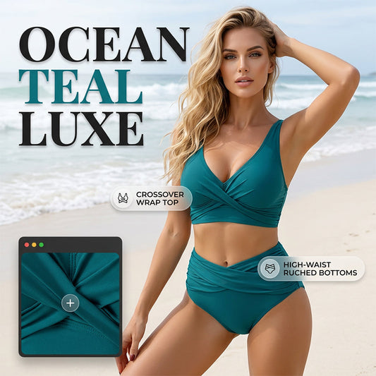 👙 Damski komplet bikini z marszczonymi elementami i wysokim stanem | Model wyszczuplający brzuch, top z wycięciami, rozmiary S–2XL – płatność przy odbiorze ✨